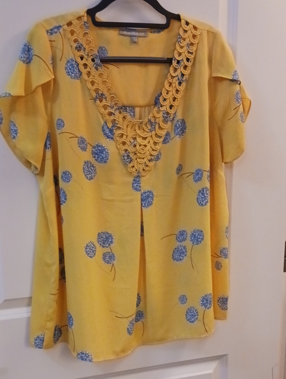 Daniel Rainn Yellow Blouse with Blue Floral Print and Crochet V-Neck